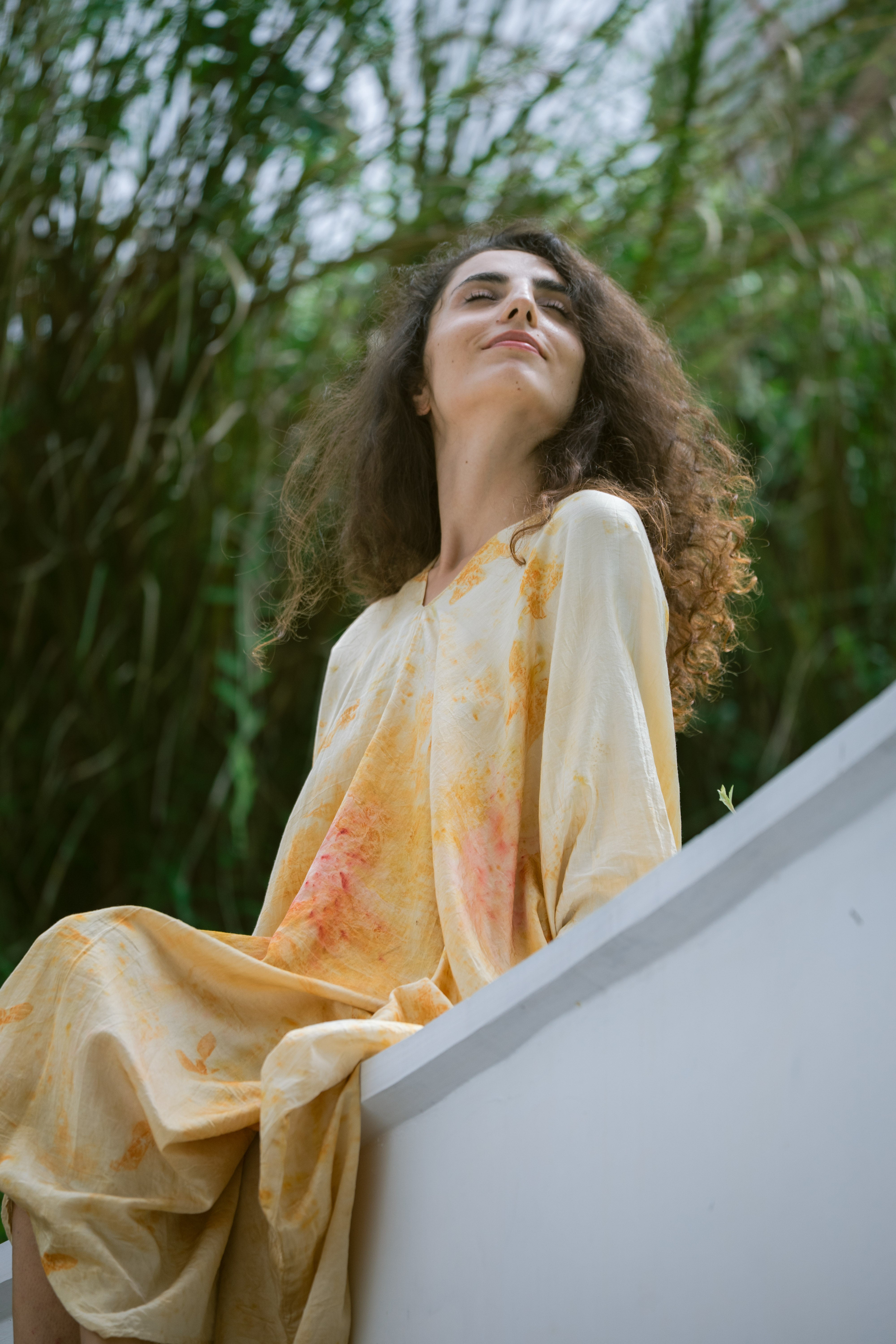 The Parvati – Yellow & Red Cotton Silk Eco Print Dress